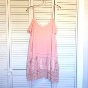 𝅺Elodie Blush Pink Prairie Boho Cottagecore Drop Waist Lace Hem Dress, Size L